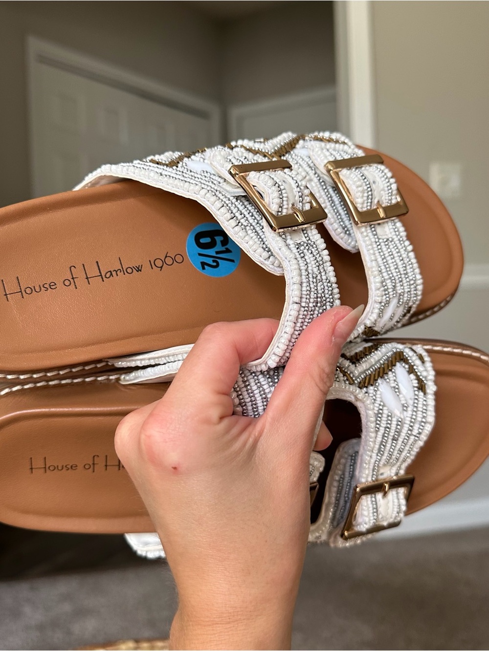 House of Harlow 1960 White Beaded Double-Buckle Slide Sandals Women’s US 6.5 - Picture 11 of 14